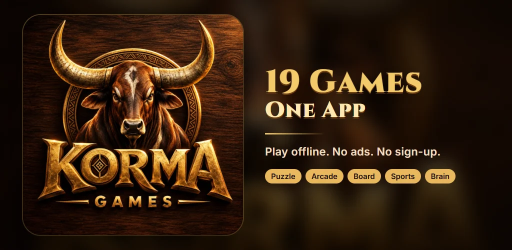 Korma Games artwork: the golden Korma bull logo with the words 19 Games, One App, Play offline, No ads, No sign-up