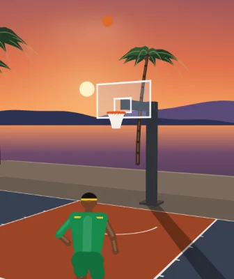 Chombe Court cover: a player shooting at a lakeside court at sunset