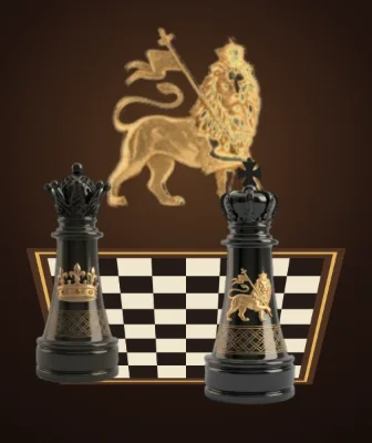 Ethiopian Ancient Chess cover: a golden lion and black chess kings on a checkered board