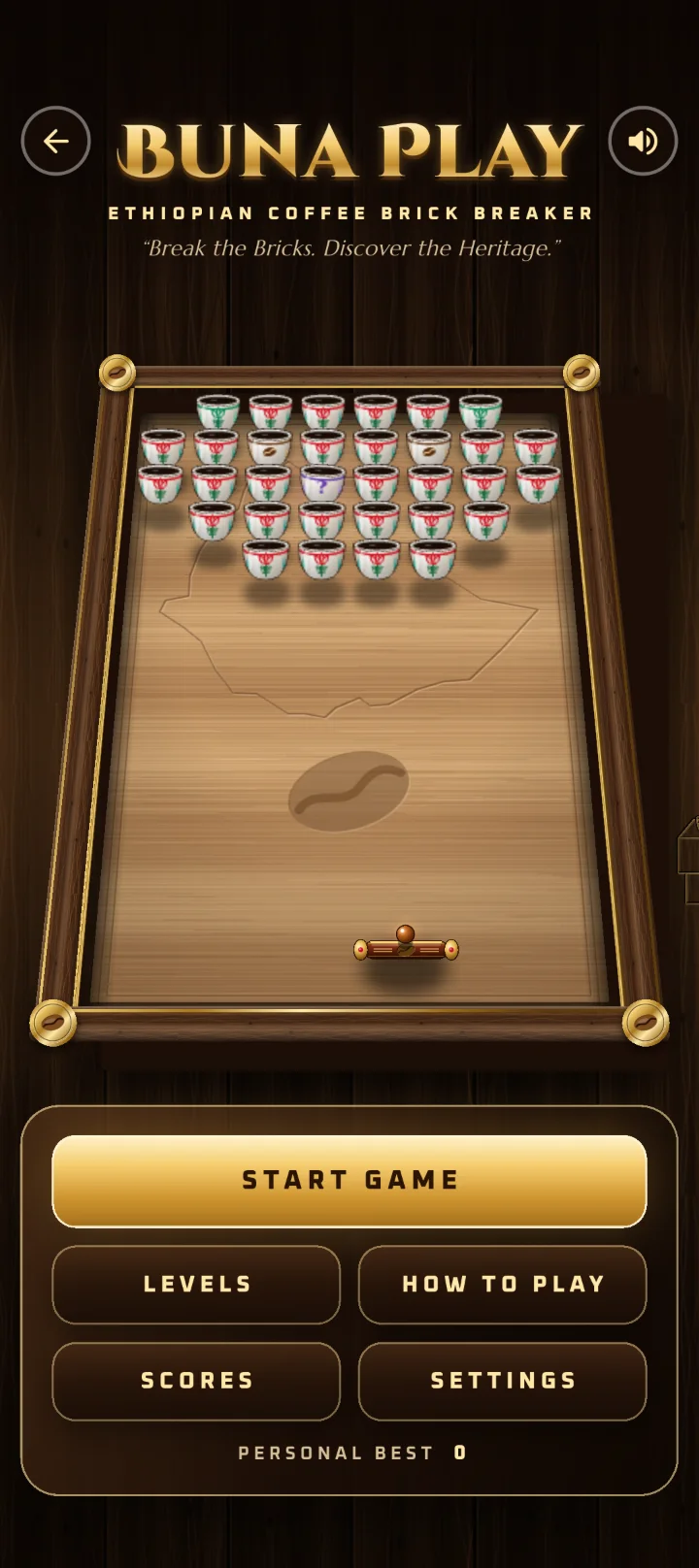 Buna Play title screen: porcelain coffee cups on a carved wooden board
