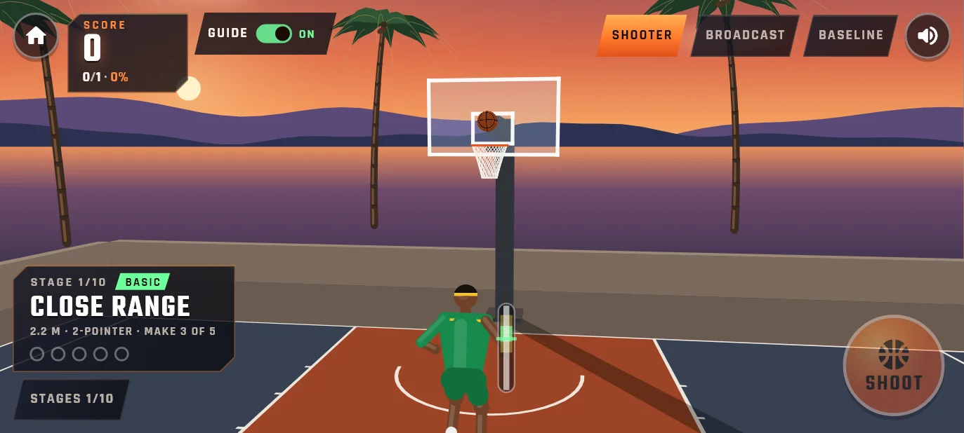 Chombe Court: the ball in flight towards the hoop on a lakeside court