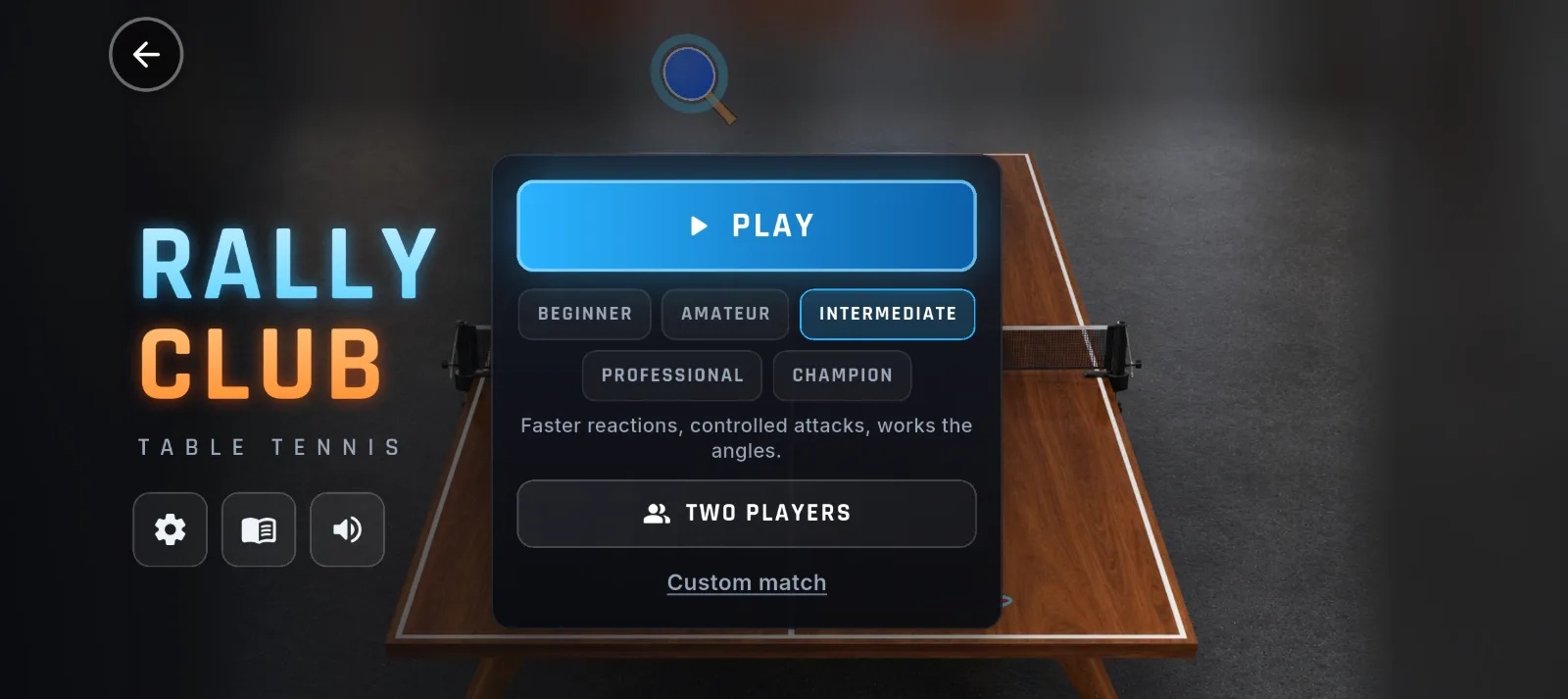 Rally Club 3D menu: difficulty levels and a two-player option