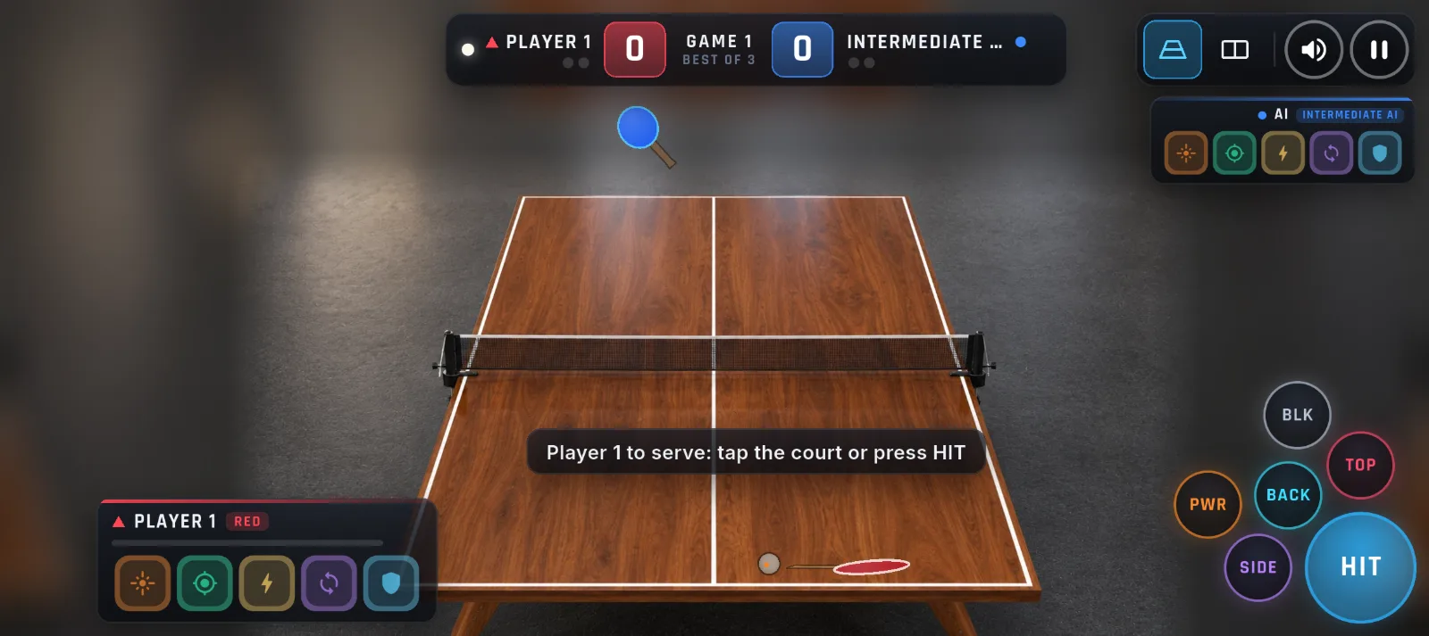 Rally Club 3D: a match about to start, with spin and shot buttons